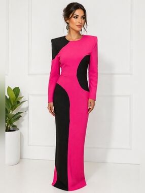 Power Shoulder Colorblock Pink and Black Dress